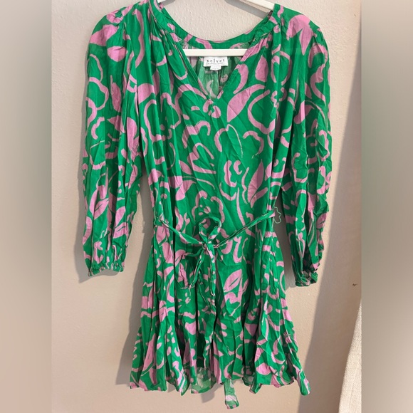 $325 VELVET Kiki‎ Printed Cotton Dress green pink RHODE Ella swing belted mini - Picture 6 of 9